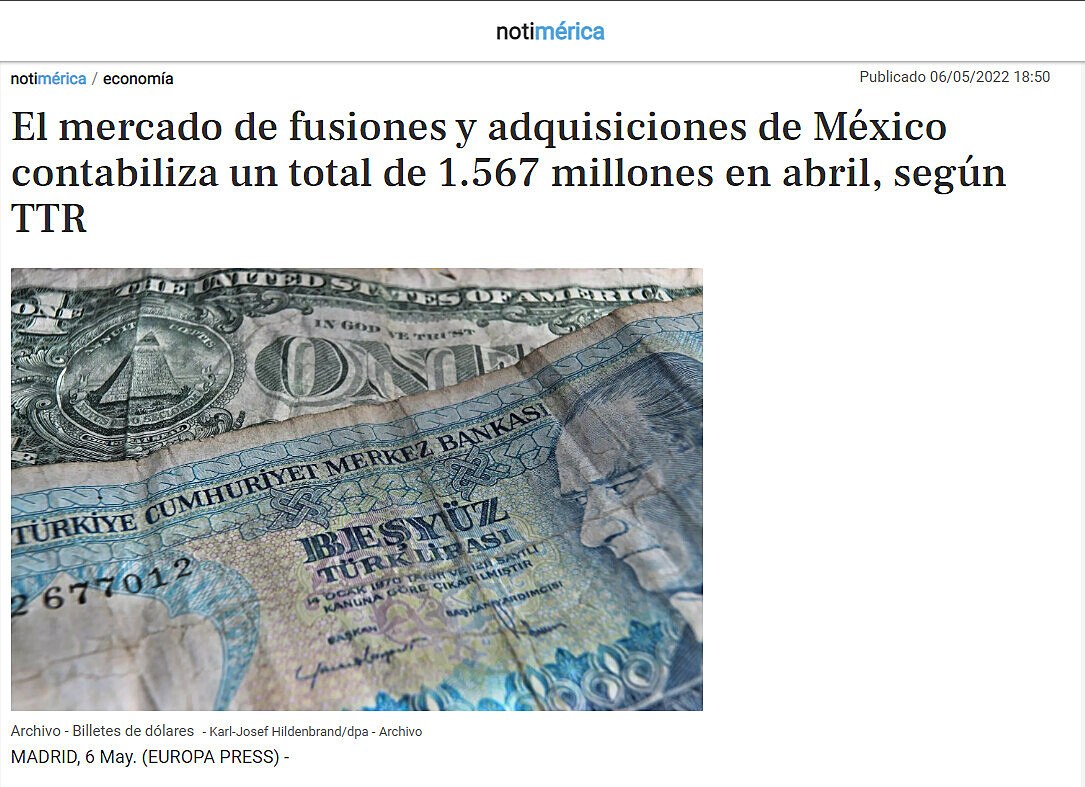 El mercado de fusiones y adquisiciones de Mxico contabiliza un total de 1.567 millones en abril, segn TTR